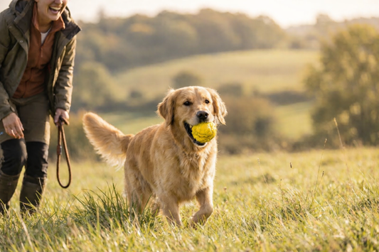 Happy golden retriever with an orange ball in its mouth, walking in a sunny grassy field next to a smiling person