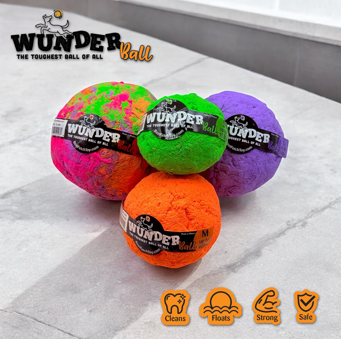 Four colorful WUNDERball dog balls displayed on a floor with icons highlighting clean, float, strong, and safe features