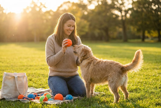 Smiling woman kneeling in sunny park, holding an orange ball for a golden dog, with various dog toys on a blanket.