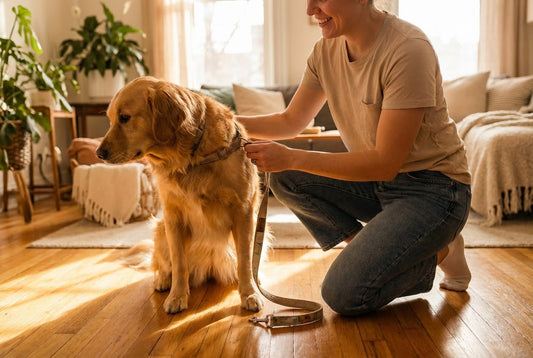 Smiling woman kneeling to attach a leash to a golden retriever's harness in a sunlit living room.