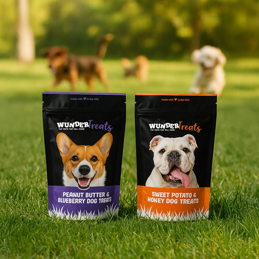 Two bags of Wunder Treats dog treats on grass, with dogs playing in the background.