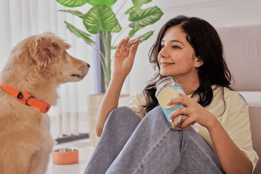 Woman sitting on the floor offering a dog treat from a jar to an attentive golden dog.