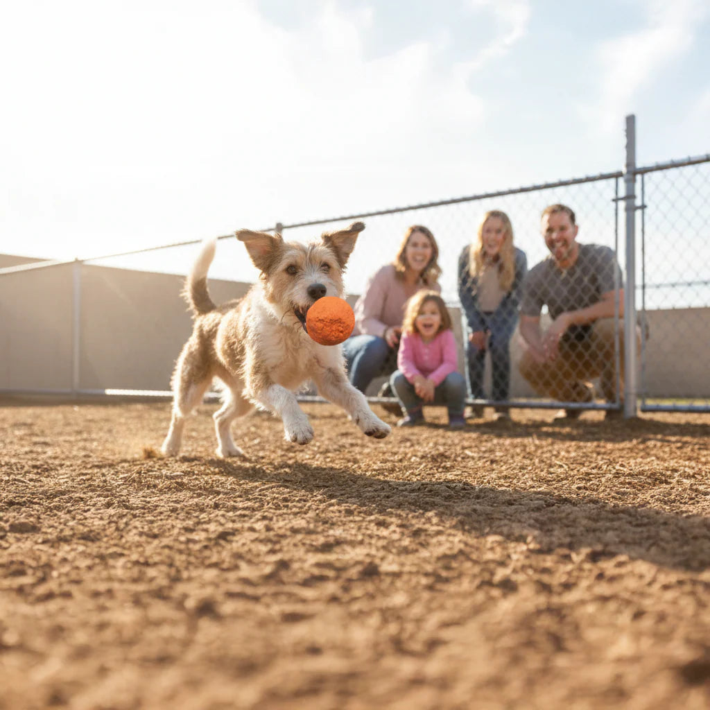 A shelter dog playing with a WUNDERball while a family watches